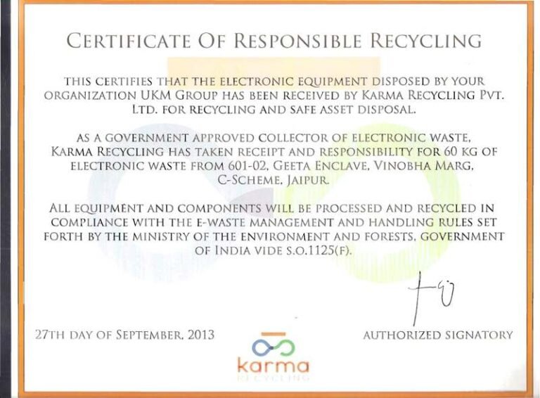 Certificate of responsible recycling (27th Sep.2013)